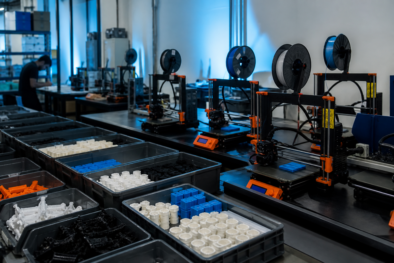 Impressoras 3D e peças produzidas para pedidos de marketplace